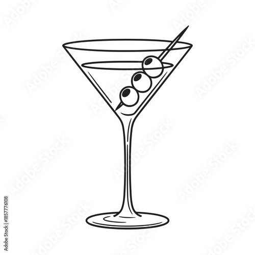 A simple black and white illustration of a classic martini glass with three olives on a skewer