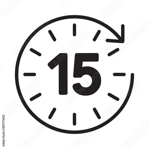 A simple black and white graphic of a clock face displaying the number fifteen prominently