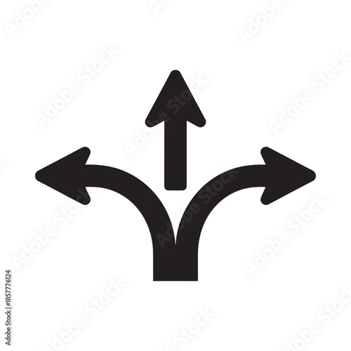 A simple black icon depicting three arrows diverging from a single point symbolizing direction