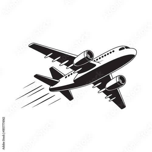 A sleek black and white depiction of a passenger airplane in dynamic flight angled upwards