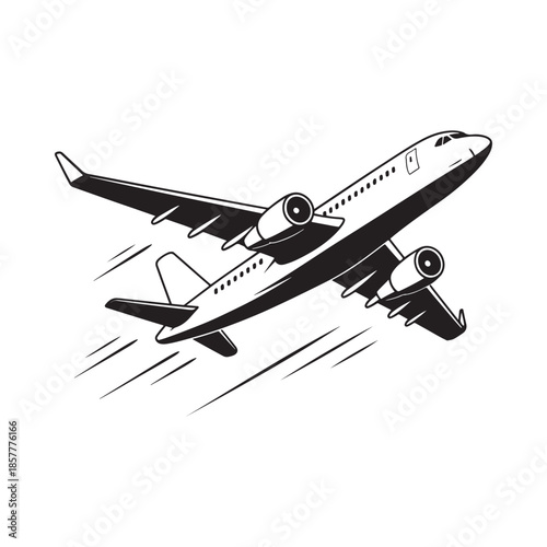 A sleek black and white illustration of a passenger airplane in dynamic flight ascending upwards