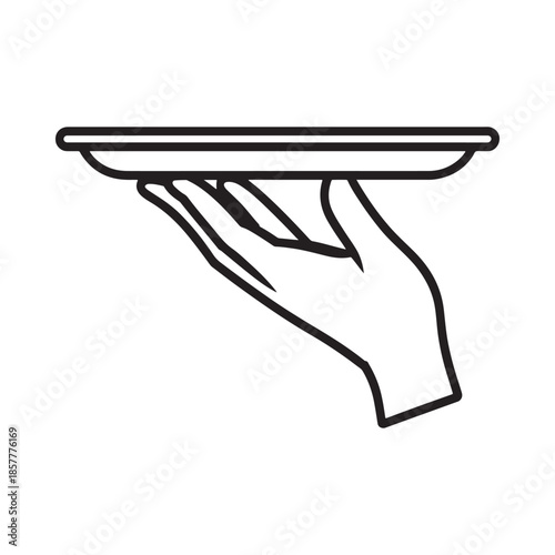 A simple black and white illustration of a hand elegantly holding a serving tray