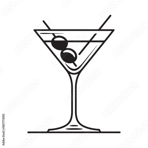 A simple black and white illustration depicting a classic martini glass with olives