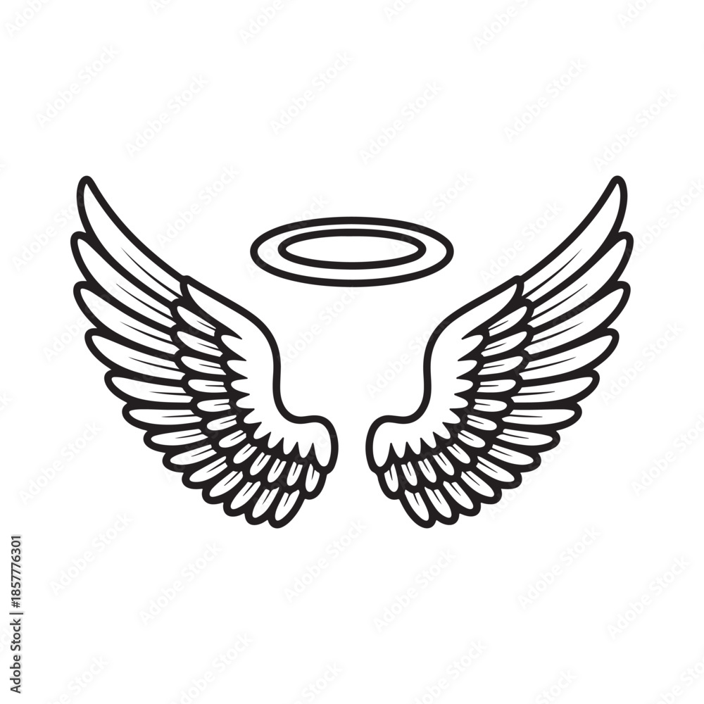 Obraz premium A simple black and white illustration of angel wings with a halo above them