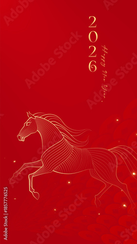 Red New Year celebration poster linear illustration of the Year of the Horse