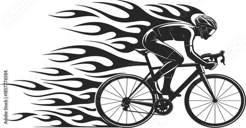 Cyclist on road bike with flames vector, silhouette of bicycle rider with speed fire trails for sports logo design