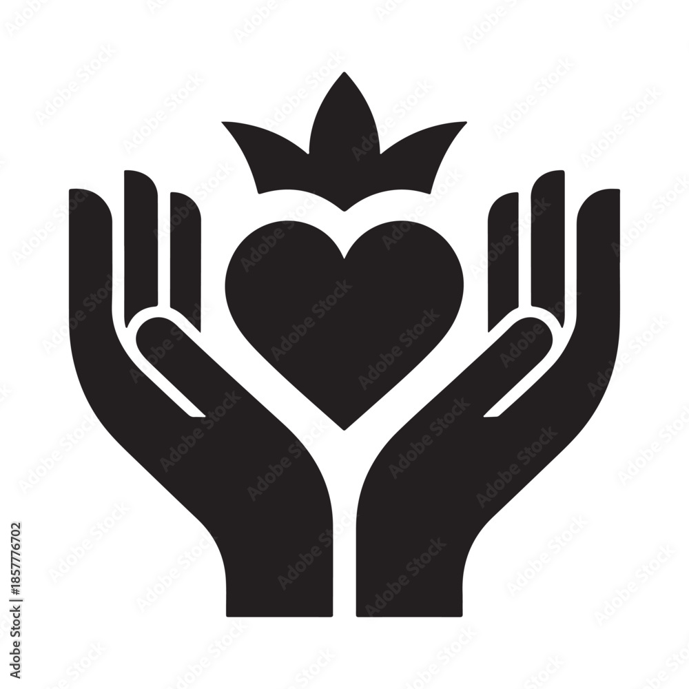Obraz premium Hands gently cradling a heart with a crown above symbolizing love care and royalty