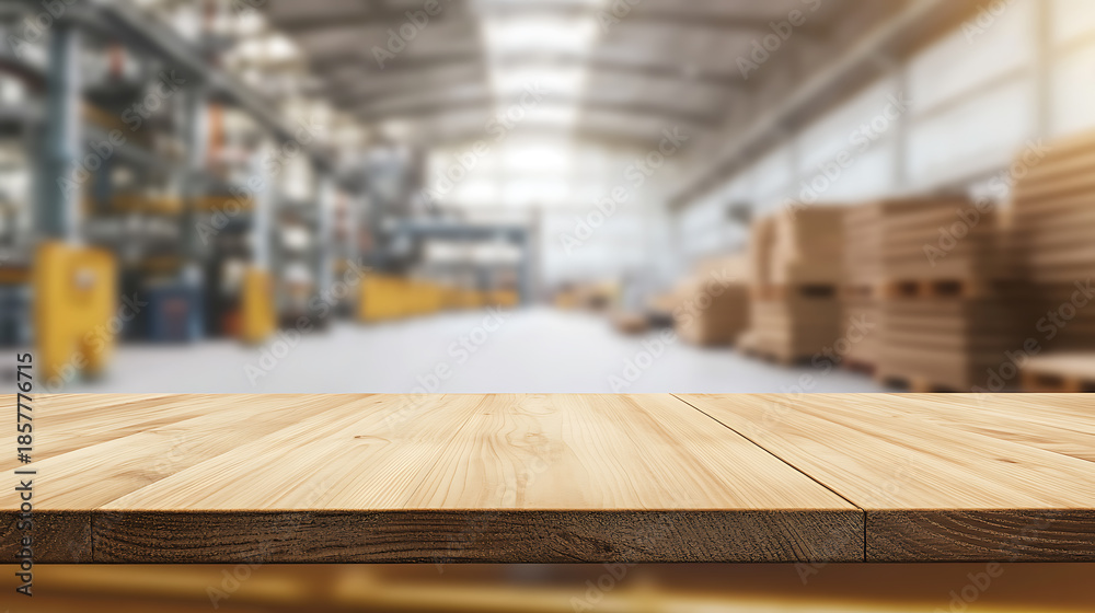 custom made wallpaper toronto digitalElevated view of wooden table surface with blurred storage depot, offering ample space. Perfect for product placement with a neutral, spacious backdrop and industrial aesthetic.