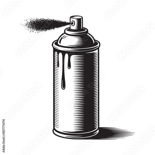 Detailed illustration of a black and white spray paint can with dripping paint and spray