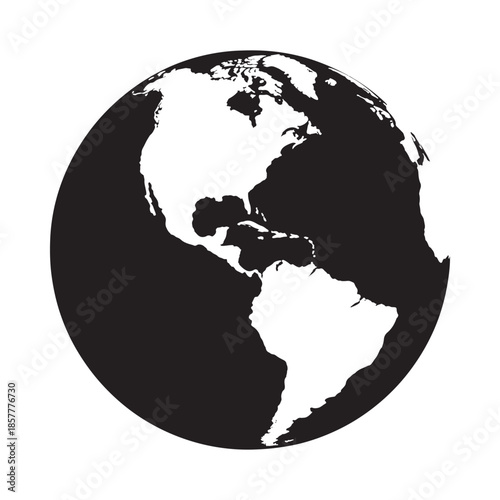 A striking black and white illustration depicts the earth emphasizing continents and oceans clearly