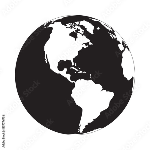 A stark black and white illustration depicts the earth showcasing the americas and arctic regions