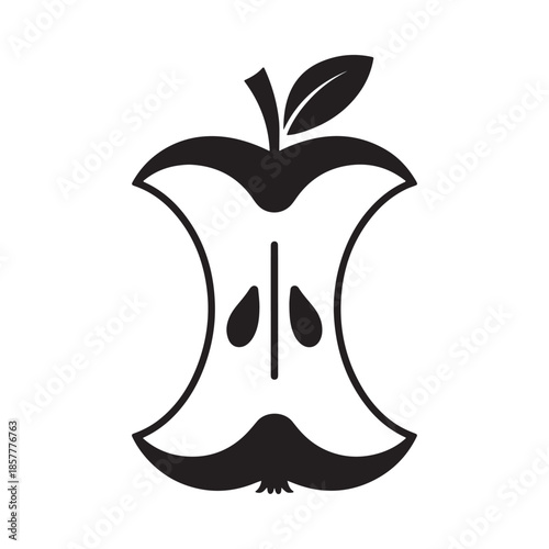 A simple black and white illustration depicting a partially eaten apple with a visible core