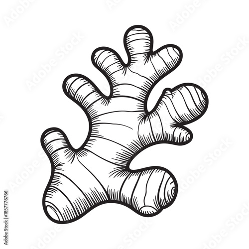 An illustrated depiction of a ginger root showcasing its unique shape and textured surface details