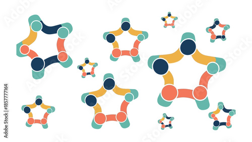 Abstract Stars: An array of stylized stars in a vibrant display, each comprised of interconnected shapes and colorful elements, perfect for modern design concepts.