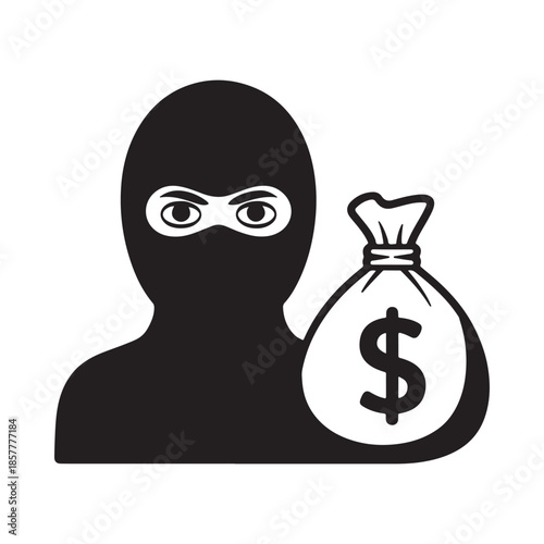 A masked figure carrying a bag with a dollar sign depicting theft or robbery