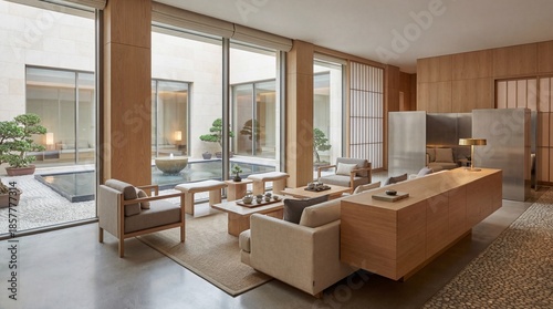 Konstfotografi Modern Living Room with Panoramic Garden View and Minimalist Decor