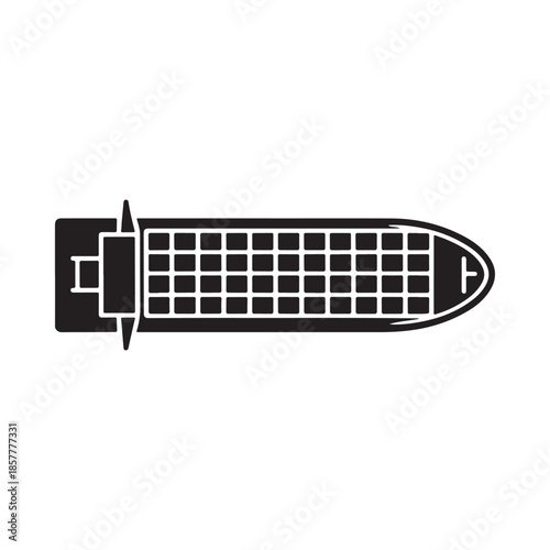 Overhead view of a large black cargo ship with a rectangular hull and detailed grid pattern