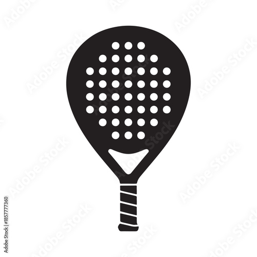 A black and white illustration depicts a paddle racket used in the sport of padel tennis