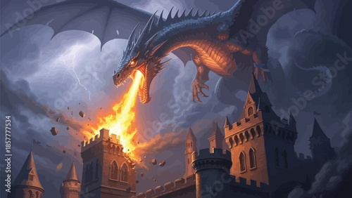 Massive fearsome blue dragon unleashes intense fiery breath attack upon medieval stone castle fortifications during a dramatic thunderstorm spectacle