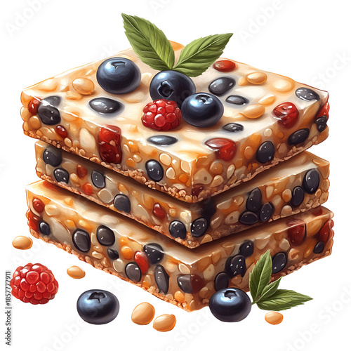 Stack of three layers of berry dessert bar with berries and crisp texture