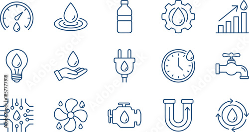 Water energy and plumbing line icon set, featuring faucet symbols, conservation concepts, utility management, hydroelectric power, recycling systems, and industrial valves.
