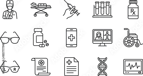 Medical healthcare and hospital line icon set, featuring telemedicine, pharmacy supplies, patient diagnostic tools, laboratory equipment, and professional nursing care symbols.