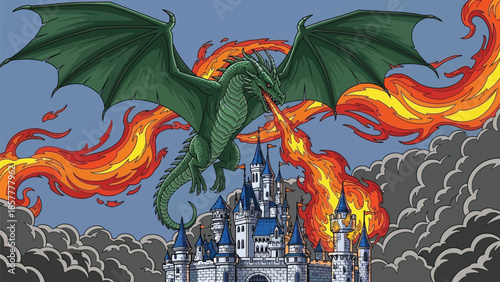 Ferocious green winged dragon unleashing intense fiery breath upon a majestic white fantasy castle illustration artwork