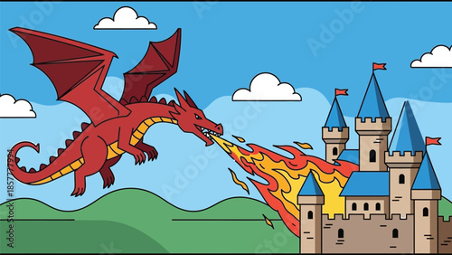 Fearsome red dragon fiercely breathing fire upon a medieval castle with blue turrets under a bright cartoon sky