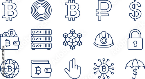Cryptocurrency and blockchain technology line icon set, featuring bitcoin symbols, digital wallets, mining helmet, secure locks, financial data, and global network.