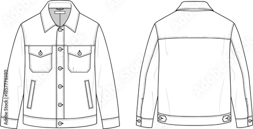 Denim jacket front and back view technical outline illustration, classic casual outerwear clothing design flat vector template isolated