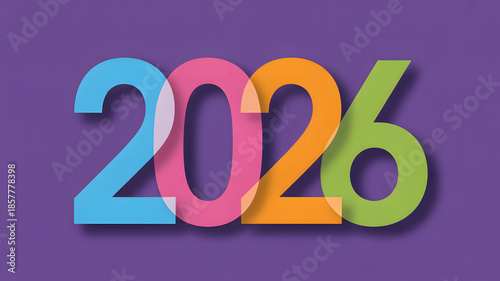 Colorful 2026 numbers in modern typography with bright vibrant colors and bold font on purple background for new year celebration