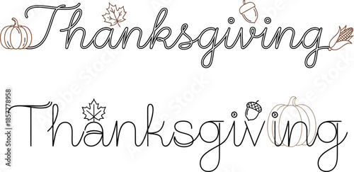 Thanksgiving text art with decorative elements such as pumpkins, acorns, and leaves in outline and filled styles