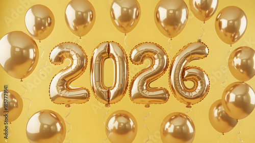 Golden 2026 balloons in festive celebration with shiny metallic finish on bright yellow background for new year party