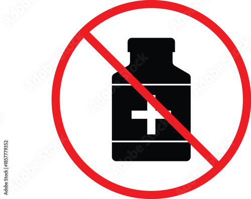 no medicine bottle icon. Prescription bottle prohibition symbols. No pill container graphic design. Drug restriction and safety signs
