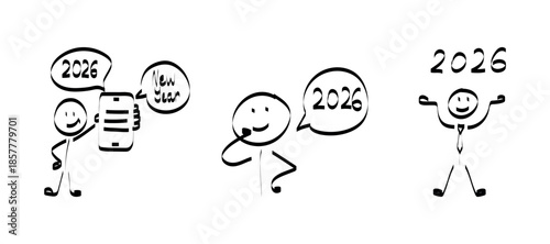 2026. doodle. Simple hand-drawn stick figures presenting the year 2026 on a board, symbolizing future planning, goals, and business forecasting.