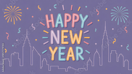 Happy New Year text with city skyline and fireworks in pastel colors on purple background for celebration greeting card design
