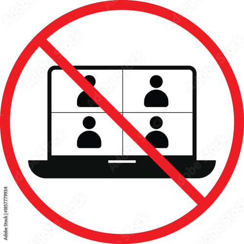 No Online Meeting Icon Set. Virtual conference prohibition symbols. No remote meeting graphic design. Digital call restriction and privacy signs
