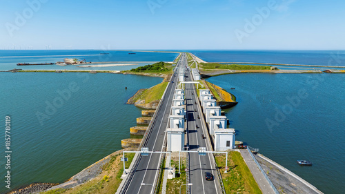 Aerial from the highway A7 at the Lorenz sluices in the Netherlands