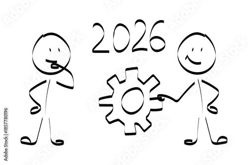 2026. doodle. Simple hand-drawn stick figures presenting the year 2026 on a board, symbolizing future planning, goals, and business forecasting.