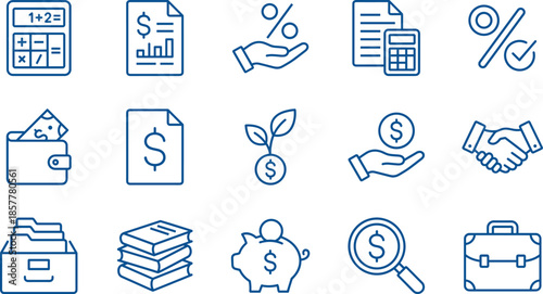 Business finance and accounting line icon set, featuring tax calculation, money growth, investment planning, banking services, financial audits, and savings.