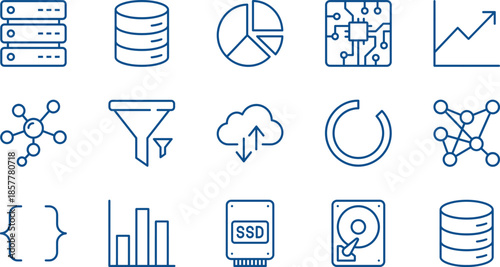 Data storage and cloud computing line icon set, featuring server racks, database symbols, network connectivity, hardware drives, and analytics charts.