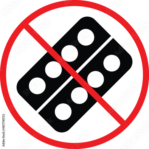 no Pills blister icon. Tablet pack prohibition symbols. No medication blister graphic design. Drug restriction and safety signs
