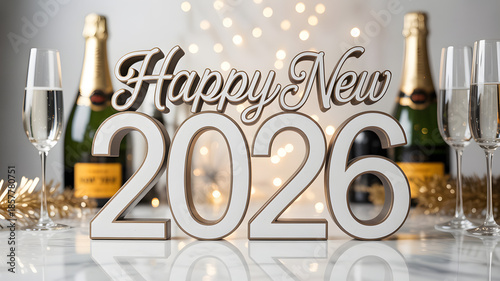 Happy New Year 2026 celebration with champagne bottles and glasses in elegant luxury party setup with golden bokeh lights for festive greeting card design