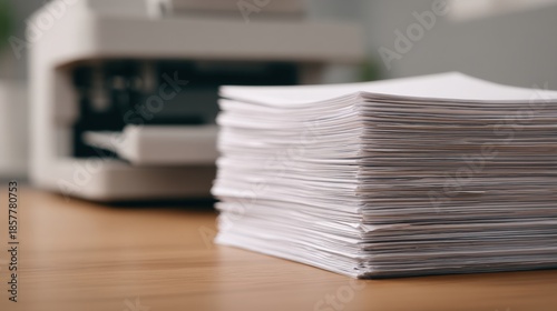 Medical blockchain data, A close-up of a neat stack of white paper on a desk, with a printer in the background, suggesting an organized workspace.