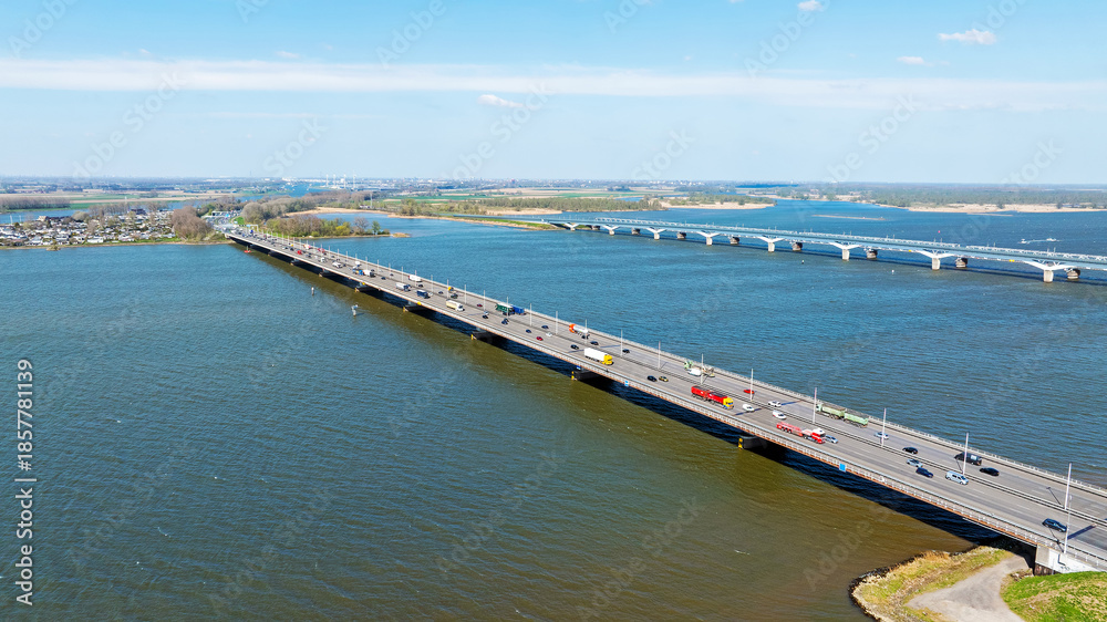 Fototapeta premium Aerial from the Moerdijk bridge across the river Hollands Diep in Netherlands