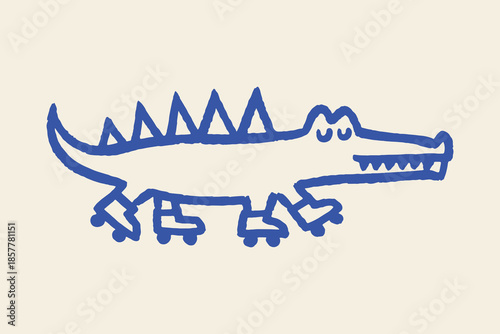 Crocodile on roller skates naive doodle outline vector illustration