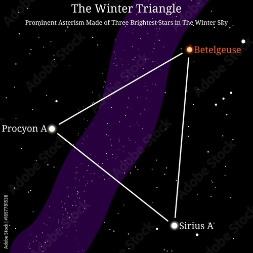 The Winter Triangle Asterism Illustration (Consisting of Betelgeuse, Sirius A, and Procyon A in the Winter Night Sky)