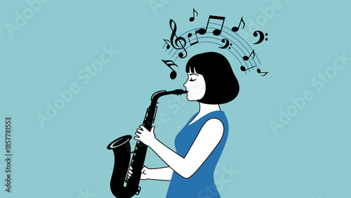 Young woman with dark hair playing a saxophone with musical notes floating around her head, against a light blue background.