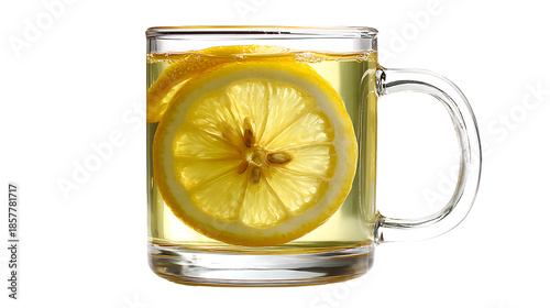 A refreshing glass mug of lemon tea with a slice of lemon inside isolated on transparent background