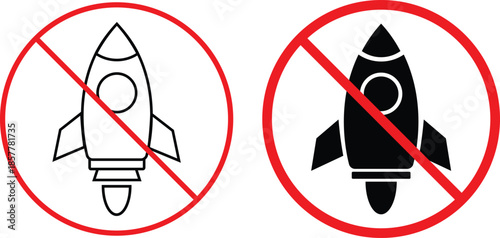 no Rocket icon. No Projectile Icons. Rocket forbidden symbol. Space vehicle prohibited graphic design. Model rocket and hobby regulation signs